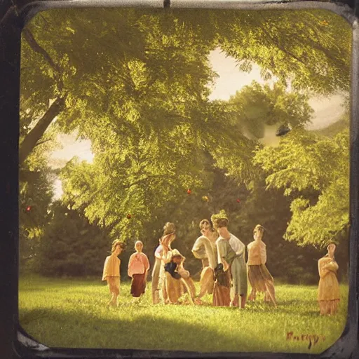 Image similar to Photograph, the warm, golden light of the sun casts a beautiful glow on the scene, and the gentle breeze ruffles the leaves of the trees. The figures in the photograph are engaged in a simple activity, the way they are positioned and the expressions on their faces suggest a deep connection. Peace and contentment, idyllic setting. tintype by Ilya Kuvshinov bold