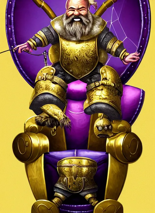 Image similar to dwarf fighter sitting in mechanical chair that has spider legs, gold and purple, exquisite details, black beard, white background, by studio muti