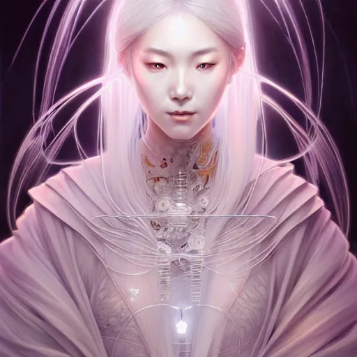 Image similar to ultra realistic illustration, a japanese female digital ghost queen, transparent, static, intricate, elegant, highly detailed, digital painting, artstation, concept art, smooth, sharp focus, illustration, art by artgerm and greg rutkowski and alphonse mucha