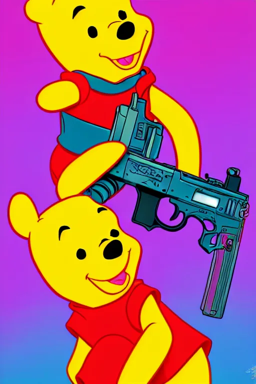 Prompt: Winnie the Pooh as cyberpunk killer with gun painted on Taro card, digital art, sharp, bright colors