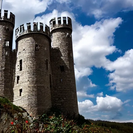 Prompt: a huge, rambling, quite scary - looking castle, with a jumble of towers and battlements, building, fantasy, landscape photo