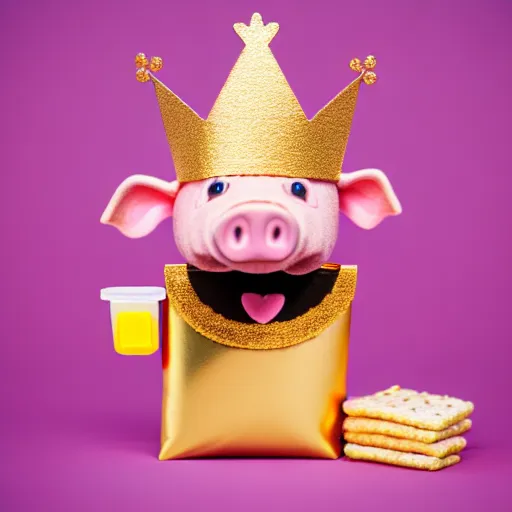 Prompt: photo of puppet pig wearing a gold crown holding snack bags 8k resolution, award winning, realistic, cinematic concept art