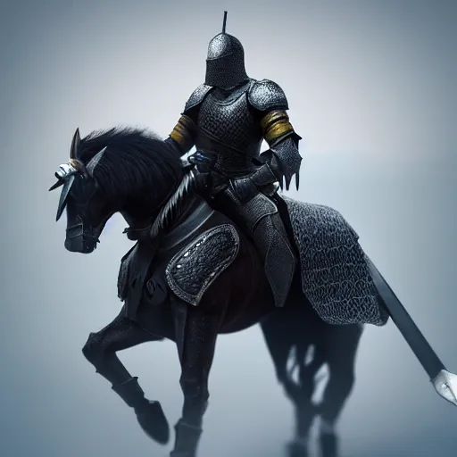 Prompt: Knight wearing a full suit of black armor, sword in hand, riding a ghost horse, digital art, high quality render, unreal engine, 4k, trending on artstation