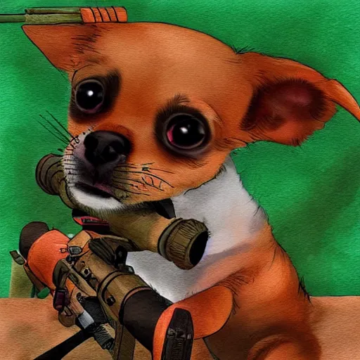 Prompt: cute chihuahua holding a sniper rifle, digital art