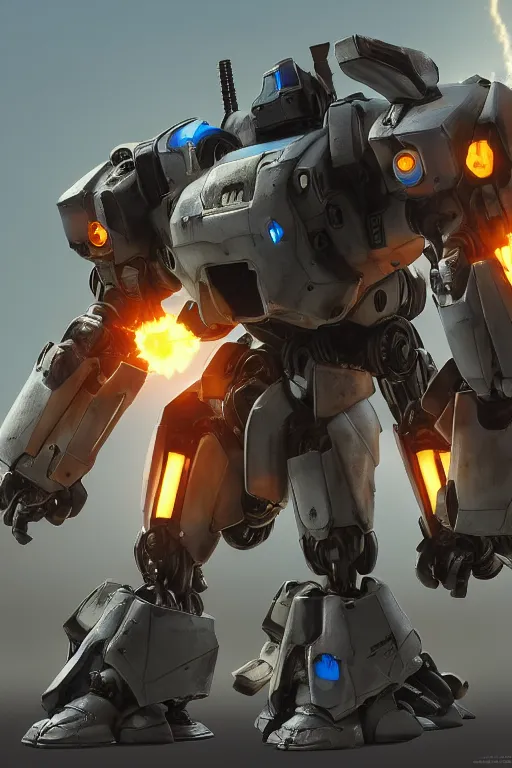 Image similar to mechwarrior 5 : mercenaries mech megaman transformer robot boss tank engine game octane render, 4 k, hd 2 0 2 2 3 d cgi rtx hdr style chrome reflexion glow fanart, global illumination ray tracing hdr fanart arstation by ian pesty by jesper ejsing pixar and disney unreal zbrush central hardmesh