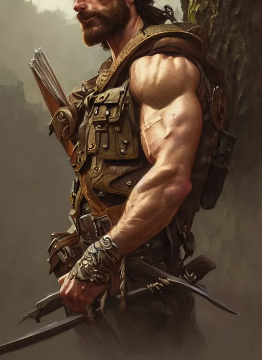 Image similar to Portrait of rugged male ranger, D&D, muscular, fantasy, intricate, elegant, highly detailed, digital painting, artstation, concept art, smooth, sharp focus, illustration, art by artgerm and greg rutkowski and alphonse mucha