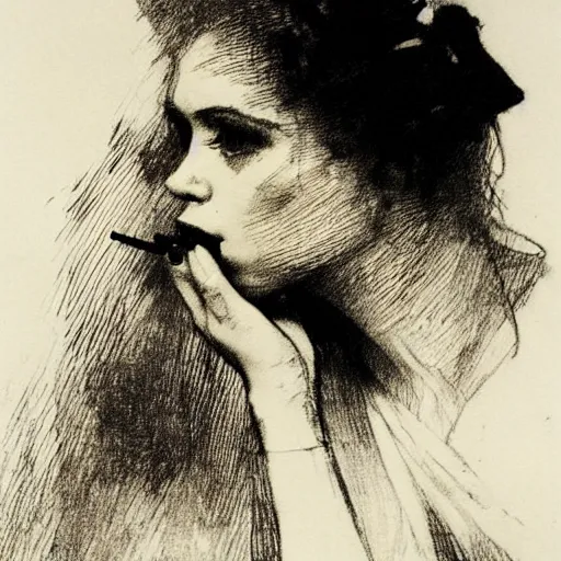 Prompt: anders zorn etching. damsel smoking a long cigarette. ink