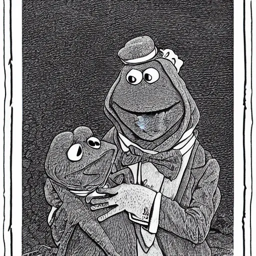 Image similar to Kermit the Frog as an actual human being by Gustave Dore, Sesame Street, intricate, very very detailed