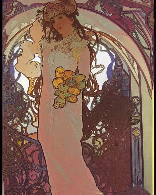 Image similar to painting by alphonse mucha, the interior of the opera house, in the depth of the hall there is an illuminated stage with a singer in a white dress, a palette of pastel colors