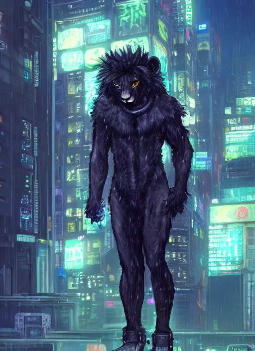 Prompt: character portrait of a male anthro black lion fursona with a cute beautiful attractive detailed furry face wearing stylish cyberpunk clothes in a cyberpunk city at night while it rains. hidari, color page, tankoban, 4K, tone mapping, Akihiko Yoshida.