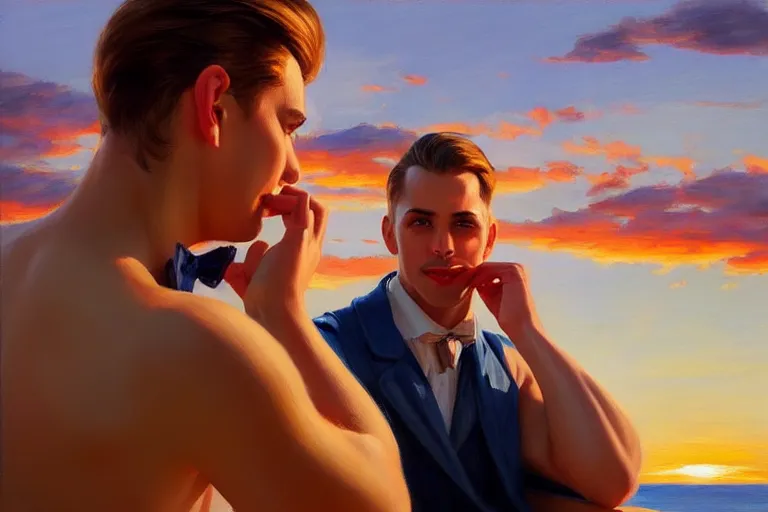 Prompt: attractive man chatting, sunset, painting by vladimir volegov, j. c. leyendecker, tom of finland, trending on artstation