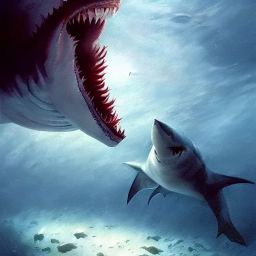 Prompt: a dream fantasy painting of ( white shark with blood teeth ) hunt a scuba diver, in the deep, trending on artstation, deviantart, matte painting by greg rutkowski, holly bruce, jon kuo