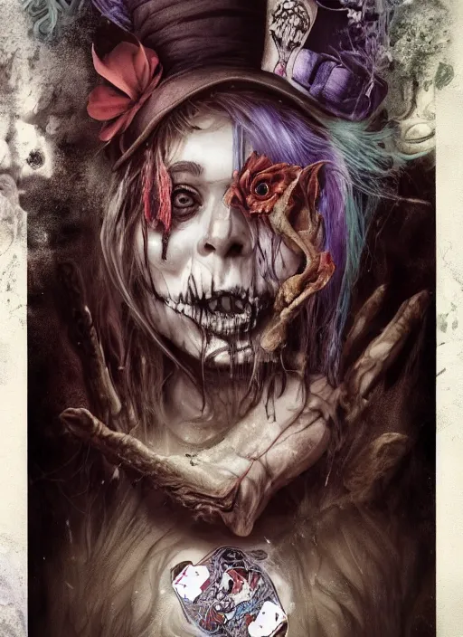 Image similar to Alice in Wonderland Mad Hatter Death Tarot card,highly detailed,half skull face,cinematic,8k,by Stanley Artgermm,Tom Bagshaw,Greg Rutkowski,Carne Griffiths, Ayami Kojima, Beksinski, Giger,Anne Stokes, Benjamin Lacombe,trending on DeviantArt,hyper detailed,horror, full of colour