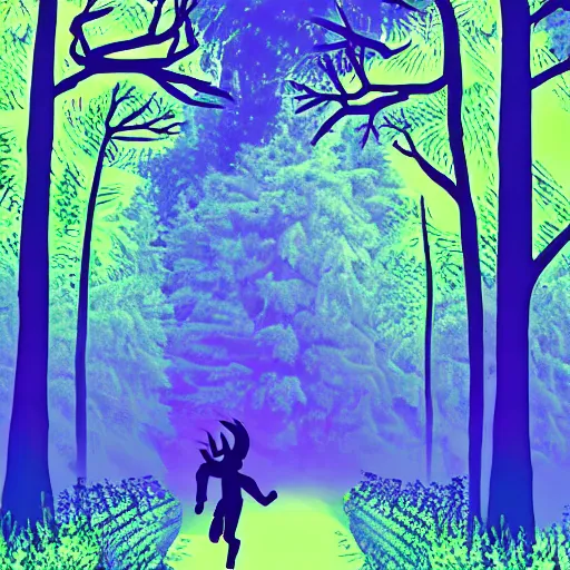 Image similar to Vapor Wave style artwork of a boy running through a forest filled with mystical creatures