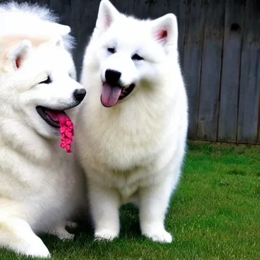 Prompt: A photo of a Samoyed dog with its tongue out hugging a white Siamese cat.