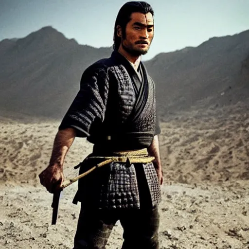 Prompt: handsome and strong kurdish samurai in a movie directed by christopher nolan, movie still frame, promotional image, imax 7 0 mm footage, perfect symmetrical facial features