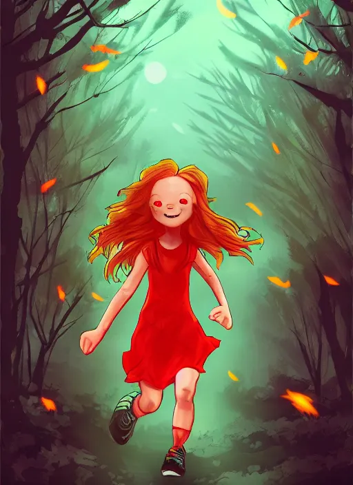 Prompt: Ginger girl running through a dark forest full of tall trees and fireflies . A monster is chasing her with glowing eyes. Artstation, award winning, mysterious.