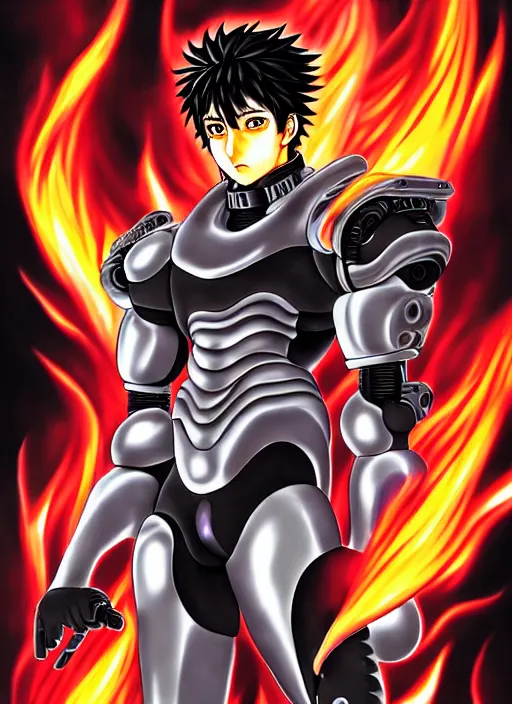 Prompt: a detailed manga full body portrait illustration of a dark haired cyborg anime man surrounded by fire by hirohiko araki, detailed artwork, realism, 4 k resolution, detailed, high quality, sharp focus, hq artwork, insane detail, volumetric lighting, character concept art, fine details, clear subject, central subject