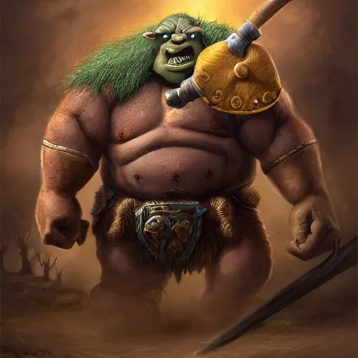 Prompt: an Ogre Warrior with a great warhammer in the style of Justin Gerard, realistic painting, Digital art, realistic, very detailed, High definition, trending on Artstation