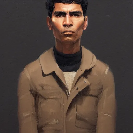 Image similar to portrait of a peruvian man by greg rutkowski, he is about 3 0 years old, short black hair with bangs, very tall and slender, he is wearing a beige and black utility jumpsuit, highly detailed portrait, digital painting, artstation, concept art, smooth, sharp focus ilustration, artstation hq