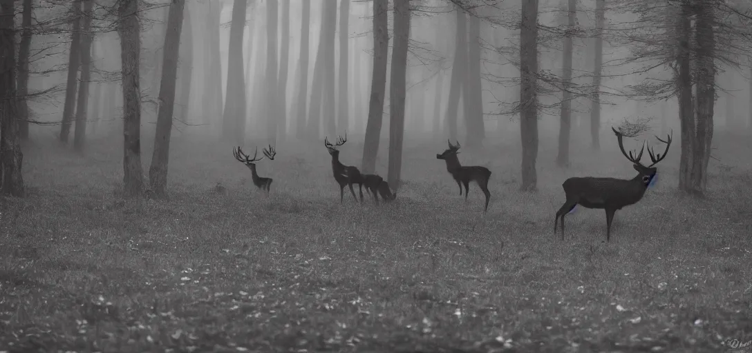 Prompt: wood, fog, wolf hunting black deer with big antlers, pinhole analogue photo quality, monochrome, blur, unfocus, cinematic, 35mm