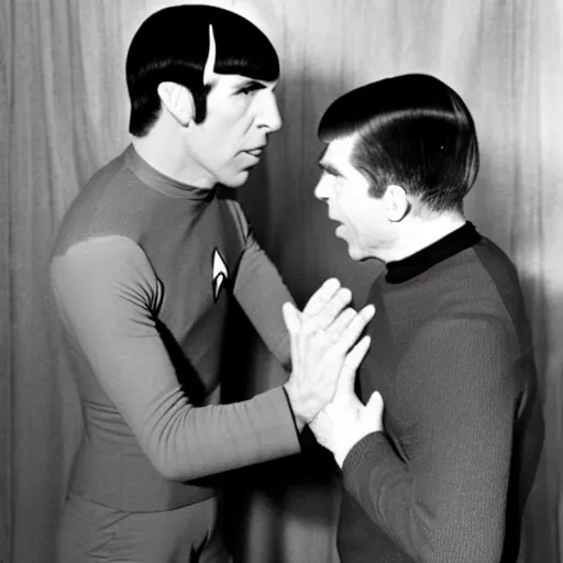 Prompt: Spock gives Kirk a hug