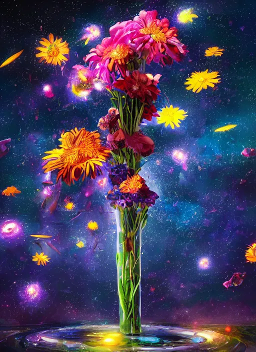 Image similar to An epic fantastic realism comic book style painting of the most beautiful spinning flowers launched across the dark and starry night sky, floating bouquets, fisheye, unreal 5, DAZ, hyperrealistic, octane render, dynamic lighting
