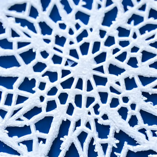 Prompt: close-up of an intricate snowflake against a navy backdrop