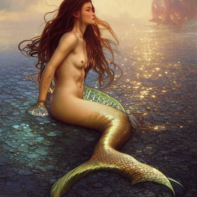 Image similar to close up portrait of a beautiful female mermaid, shiny skin, wet, artistic, magical water background with caustics, light rays, fantasy atmosphere. art by artgerm and greg rutkowski and alphonse mucha, highly detailed, intricate, lifelike. sci - fi, fantasy, magical, octane render, nikon d 8 5 0.