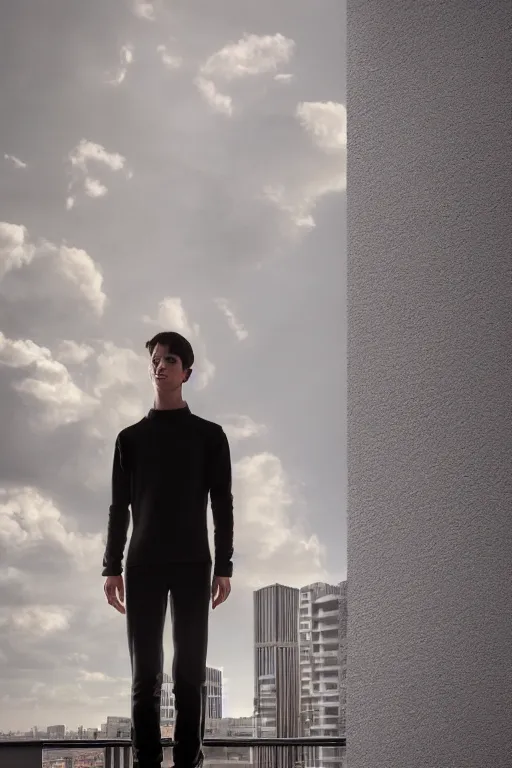 Image similar to un ultra high definition studio quality photographic art portrait of a young man standing on the rooftop of a british apartment building wearing soft padded silver pearlescent clothing. three point light. extremely detailed. golden ratio, ray tracing, volumetric light, shallow depth of field. set dressed.