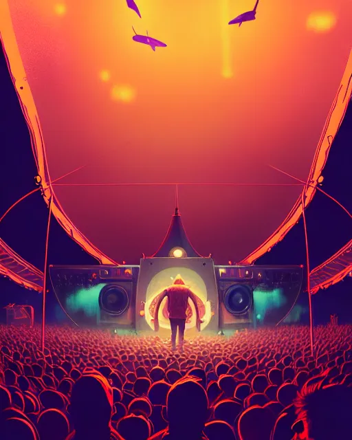 Image similar to tomorrowland, hyper - realistic portrait of a man in a hoodie, on the stage of a music festival, intricate, 4 k, by atey ghailan, by greg rutkowski, by greg tocchini, by james gilleard, by joe fenton, by kaethe butcher, dynamic lighting, lighting color scheme, sharp focus, grunge aesthetic