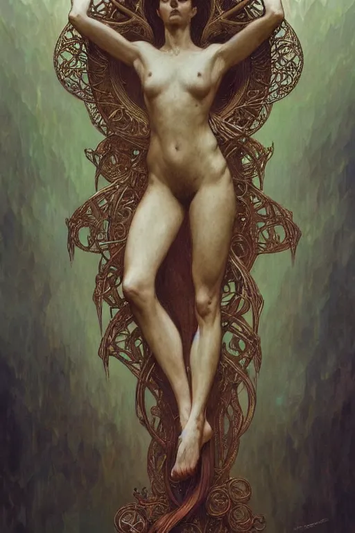 Image similar to a full body portrait of a beautiful ethereal delicate celtic mage queen meditative sacral pose catholic stages of the cross, intricate, elegant, highly detailed, digital painting, artstation, concept art, smooth, sharp focus, illustration, art by krenz cushart and artem demura and alphonse mucha