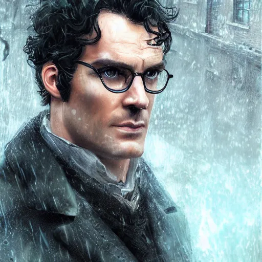 Prompt: portrait closeup henry cavil as sherlock Holmes with short wavy hair and glasses as an epic idea, intricate detail, digital painting, old english, raining, particles floating, whimsical background by marc simonetti, artwork by ross tran + ramond swanland + liam wong