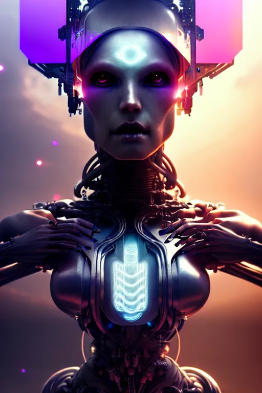 Image similar to ultra detailed female android deity, cyborg humanoid, gothic, ethereal, flowerpunk, scifi, fantasy, cyberpunk, octane render, megalopolis, unreal engine, asymmetrical!!! intricate concept art, triadic color, art by artgerm and wlop and giger and greg rutkowski and alphonse mucha, 8 k