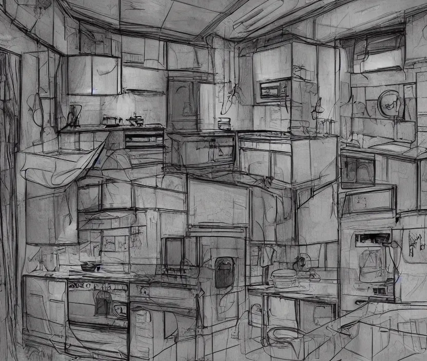 Image similar to An of interior of a kitchen at night, rotoscoped, rotoscope, photoshop, photomanipulation, realism, painting, illustration and sketch, weird scribbles, hybrid styles, hybrid art styles, mismatched, trending on artstation, trending on deviantart, weird, quirky, interesting, very detailed, highly detailed, HD Quality, 4k resolution, 8k resolution, in the style of David Firth, in the style of James Lee, in the style of Drue Langlois,