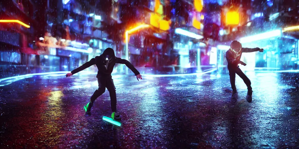 Image similar to slow motion film still of futuristic break dancer wearing dark suit with neon lights, long exposure shot , at night in the middle of a rainy street, paddle of water, water splashes, rim lights, glossy reflections, octane render, detailed and soft, by laurie greasley