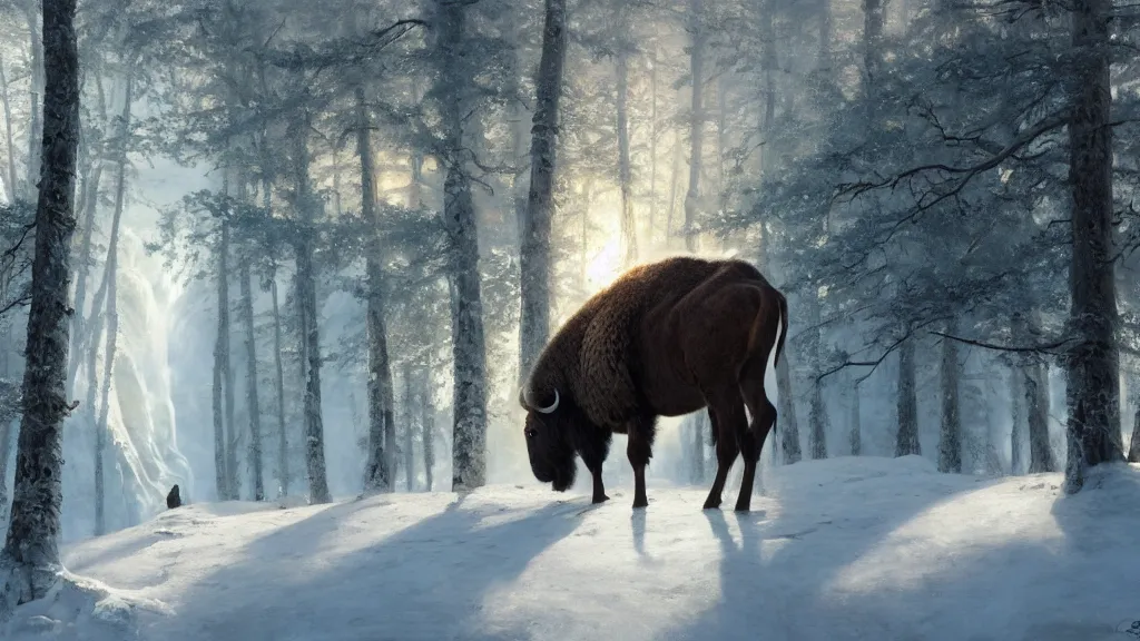 Image similar to the most beautiful panoramic landscape, oil painting, where a giant dreamy waterfall is frozen, the trees around have snow over their leafs, a majestic bison is in close - up and is exhaling steam, the ray lights of the sunrise are brightening him, by greg rutkowski