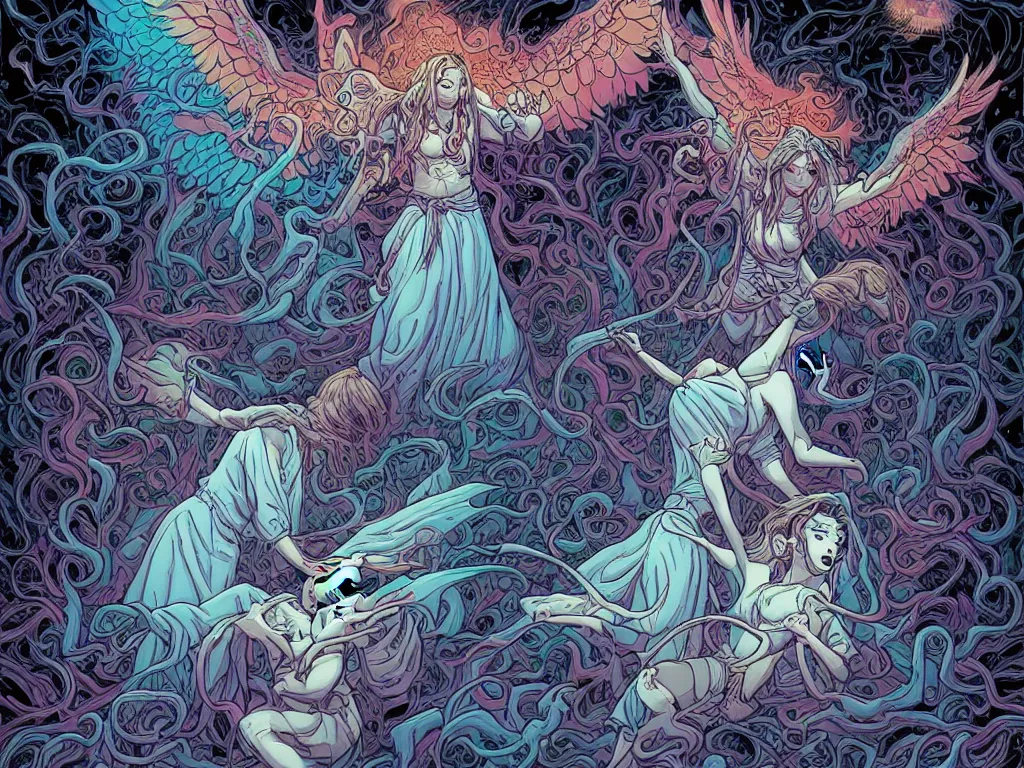 Prompt: A lovely angel and a beautiful demon fighting over lost souls in purgatory by Dan Mumford and Josan Gonzalez and Feng Zhu and Loish: 1, black border: 0.75, vibrant: 0.75, psychedelic, white: 0.5, blue: 0.5