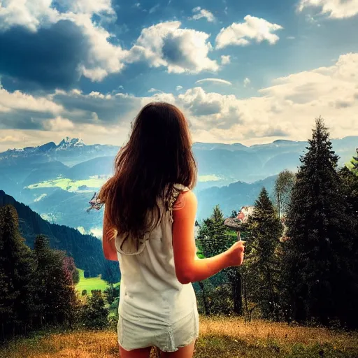 Image similar to a beautiful photograph of a girl with switzerland landscape in the background with trees, hdr, 8 k, high quality, sharp focus, artstation, highly detailed, award - winning, dramatic lighting, beautiful clouds, and nature