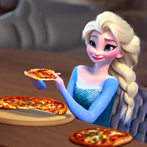 Prompt: portrait of elsa eating a pizza, unreal engine, 3d