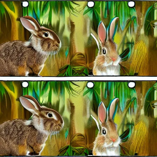 Prompt: rabbit run across jungle. film strip. 4 frames.
