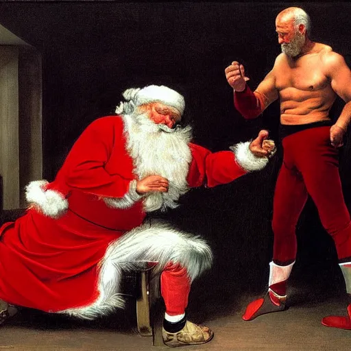 Prompt: Father Christmas WWE wredtling match against Joe Biden Painted by Caravaggio