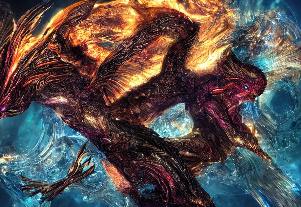 Prompt: close-up macro portrait of the dark phoenix, epic angle, epic pose, symmetrical artwork, photorealistic, iridescent, 3d with depth of field, blurred background. cybernetic phoenix bird, translucent dragon, nautilus. energy flows of water and fire. a highly detailed epic cinematic concept art CG render. made in Maya, Blender and Photoshop, octane render, excellent composition, cinematic dystopian brutalist atmosphere, dynamic dramatic cinematic lighting, aesthetic, very inspirational, arthouse