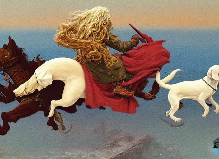 Prompt: Highly detailed oil painting of Gandalf the White riding a dachshund, intricate artwork by Angus McBride, John Howe, Matthew Stewart, Ted Nasmith, heroic fantasy