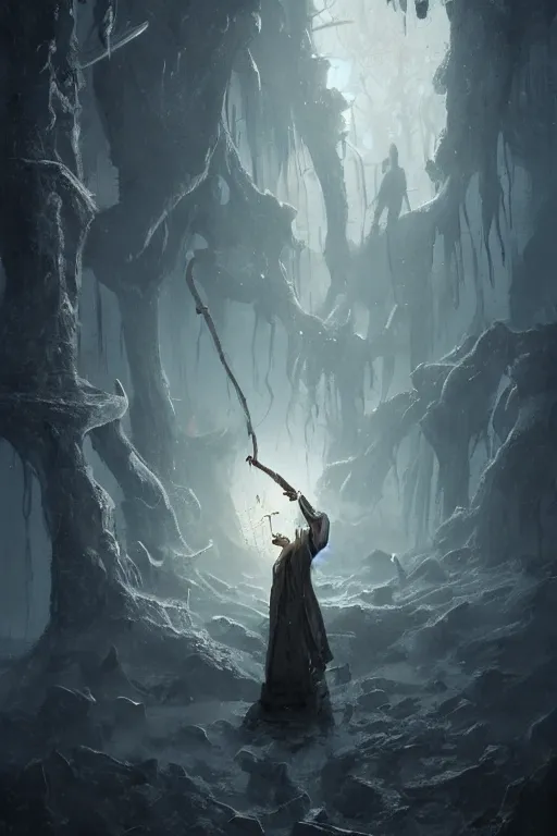 Image similar to a necromancer with a staff casts a spell that reveals the secret of life the universe and everything, dirty linen robes, staff of bones, grizzled bearded withered man by jessica rossier and hr giger