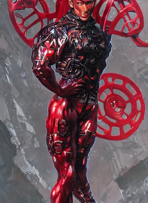 Image similar to portrait of crossfit bodybuilder fitness muscular slim legs sprinter superboyprime!, futuristic detailed ornate cyberpunk costume!, red and black costume!!!, pale skin!, no logo!!!, painted art by tsuyoshi nagano, greg rutkowski, artgerm, alphonse mucha, spike painting