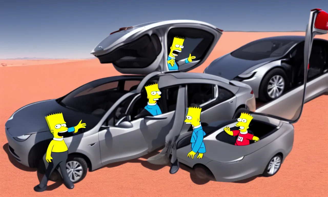 Prompt: bart simpson in tesla car in the desert, realistic picture