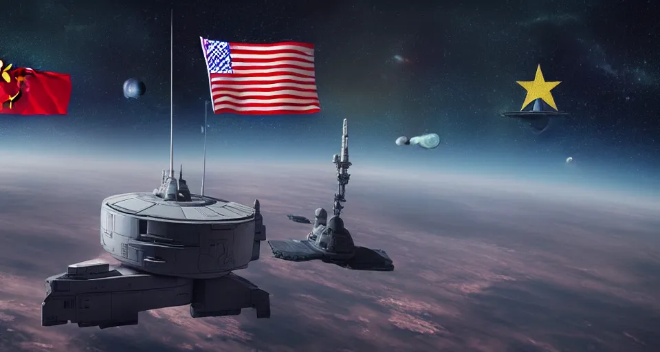 Image similar to space war between china and usa, desaturated, moebius, usa flag on a spaceship, china flag on a spaceship, complementing colors, maschinen krieger, beeple, film, atmospheric perspective