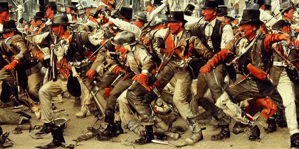 Image similar to detailed painting of the battle of new orleans with dancing soldiers by norman rockwell