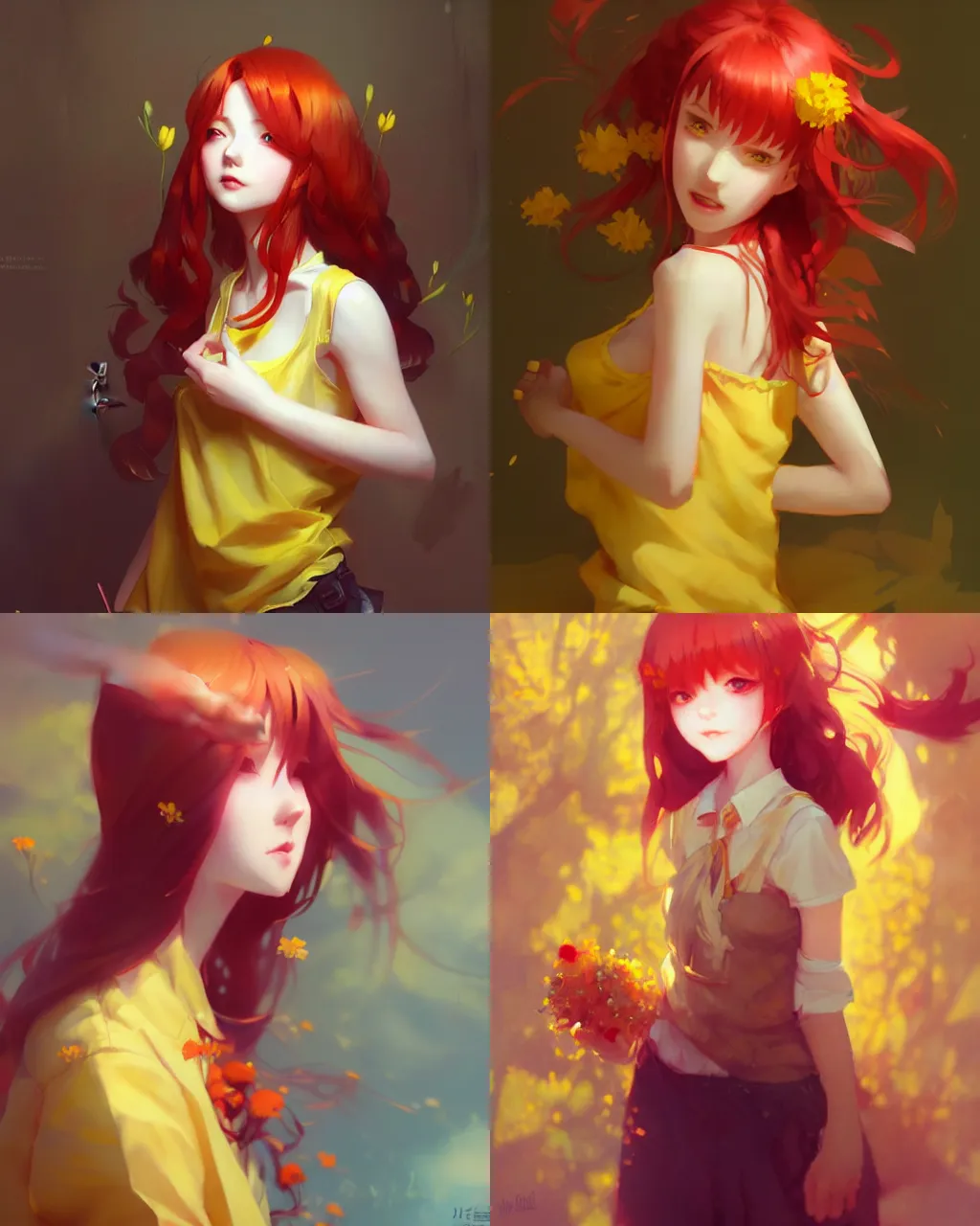 Prompt: girl with red hair and yellow clothing, flower decoration on the background, a beautiful half body illustration, top lighting, perfect shadow, soft painting, art by hidari and krenz cushart and wenjun lin